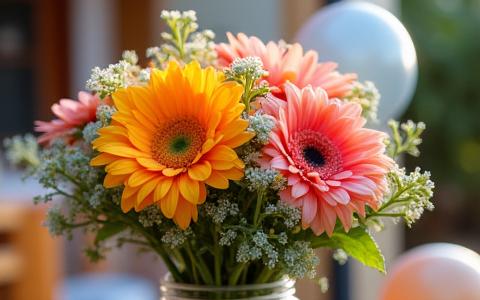Arreglo floral colorido y festivo con gerberas y globos