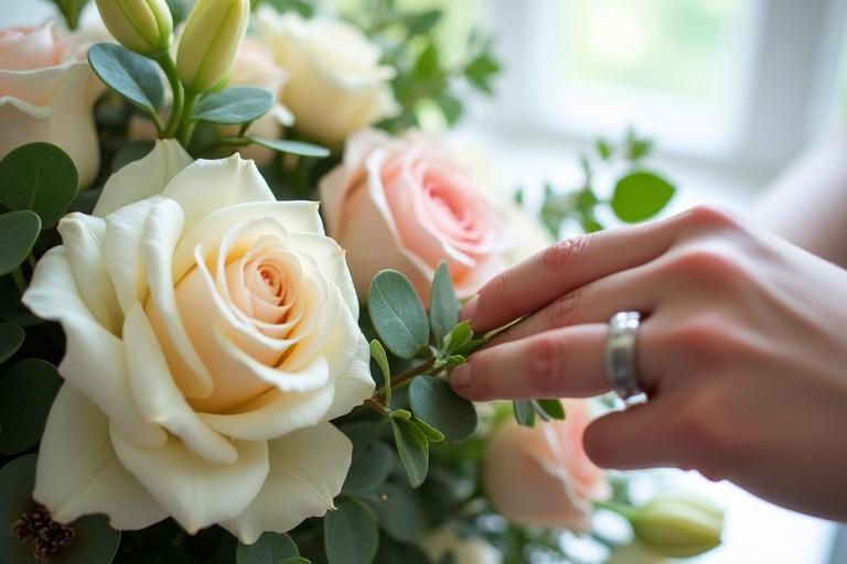 Mano de florista creando un impresionante arreglo floral con rosas, lirios y eucalipto